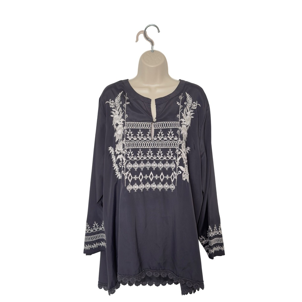 Midnight Velvet 2X Embroidered Gray‎ Boho Chic Top Cottagecore Peasant Desi Vibe